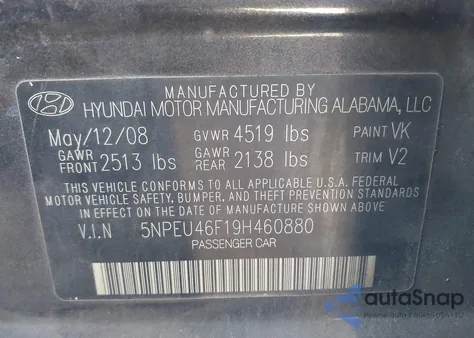 2009 Hyundai Sonata Se/Limited из США, поврежденный, VIN 5NPEU46F19H460880